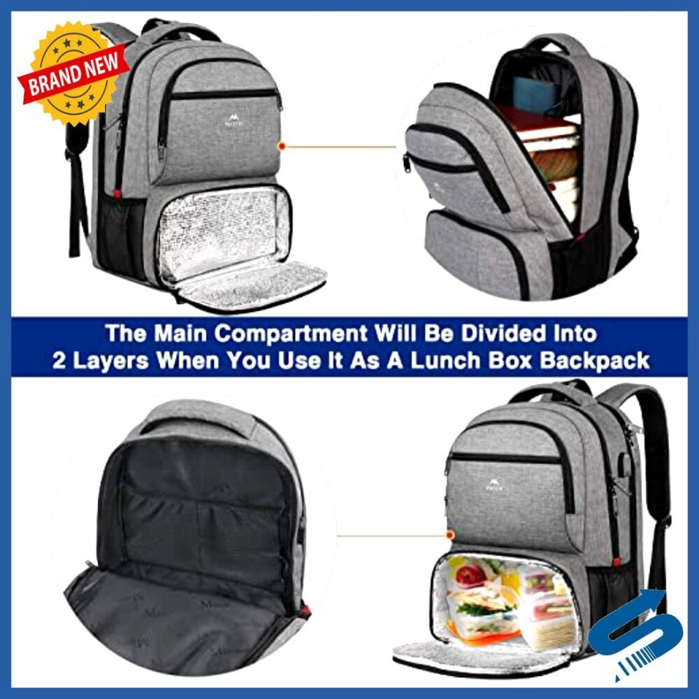 Insulated Cooler Backpack with USB Charging Port Laptop Compartment Travel Work - Picture 3 of 6